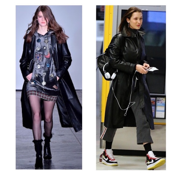 New! GRACIA Puff Sleeve Vegan Leather Trench Coat Midi Dress - Picture 15 of 16